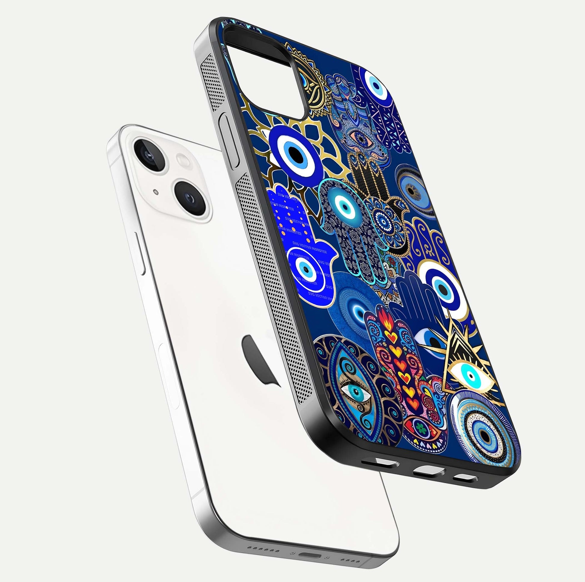 Mystic Palm Guard Glass Case for iPhone 14 floating dual-view mockup showing HD reflection and vivid tone