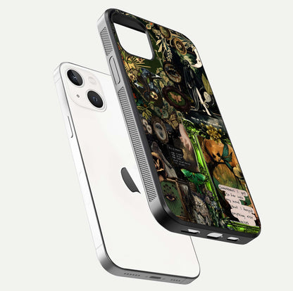 Mystic Woods Secret Glass Case for iPhone 14 floating dual-view mockup showing HD shine and depth