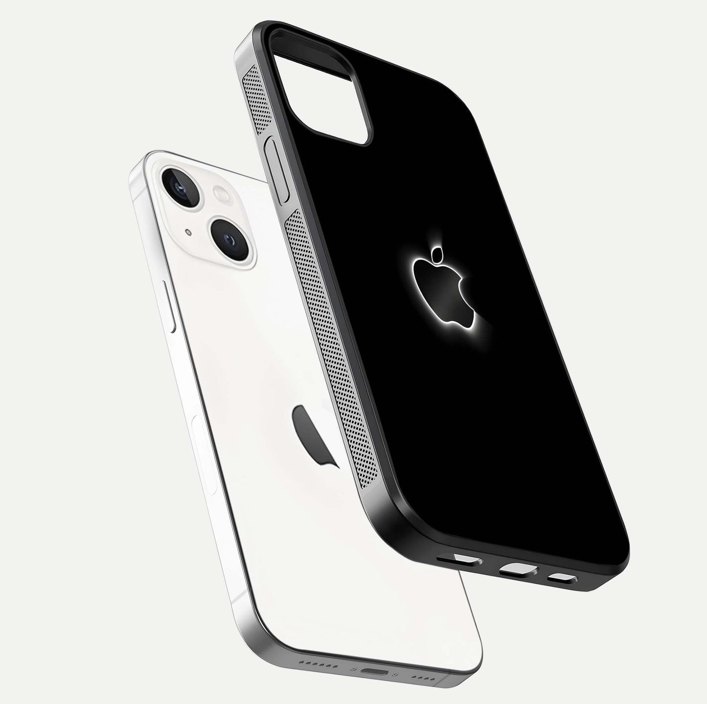 Neon Apple Glow Glass Case for iPhone 14 floating dual-view mockup showing HD shine and modern look