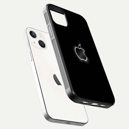 Neon Apple Glow Glass Case for iPhone 14 floating dual-view mockup showing HD shine and modern look