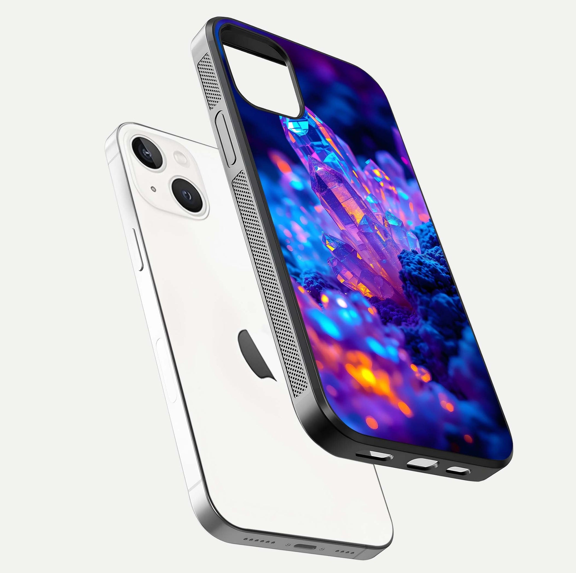 Neon Aura Shards Glass Case for iPhone 14 floating dual-view mockup showing HD shine and shard texture