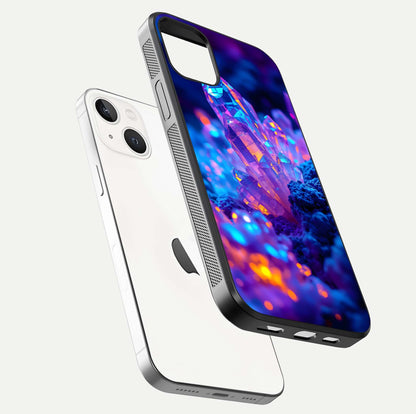 Neon Aura Shards Glass Case for iPhone 14 floating dual-view mockup showing HD shine and shard texture