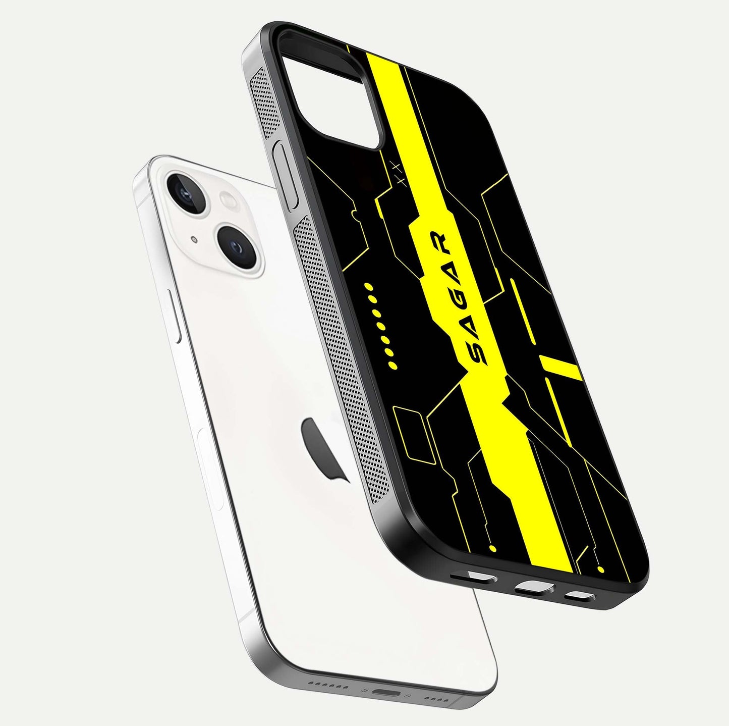 Neon CYBERPUNK Custom Name Glass Case for iPhone 14 floating dual-view mockup showing HD shine and neon lines