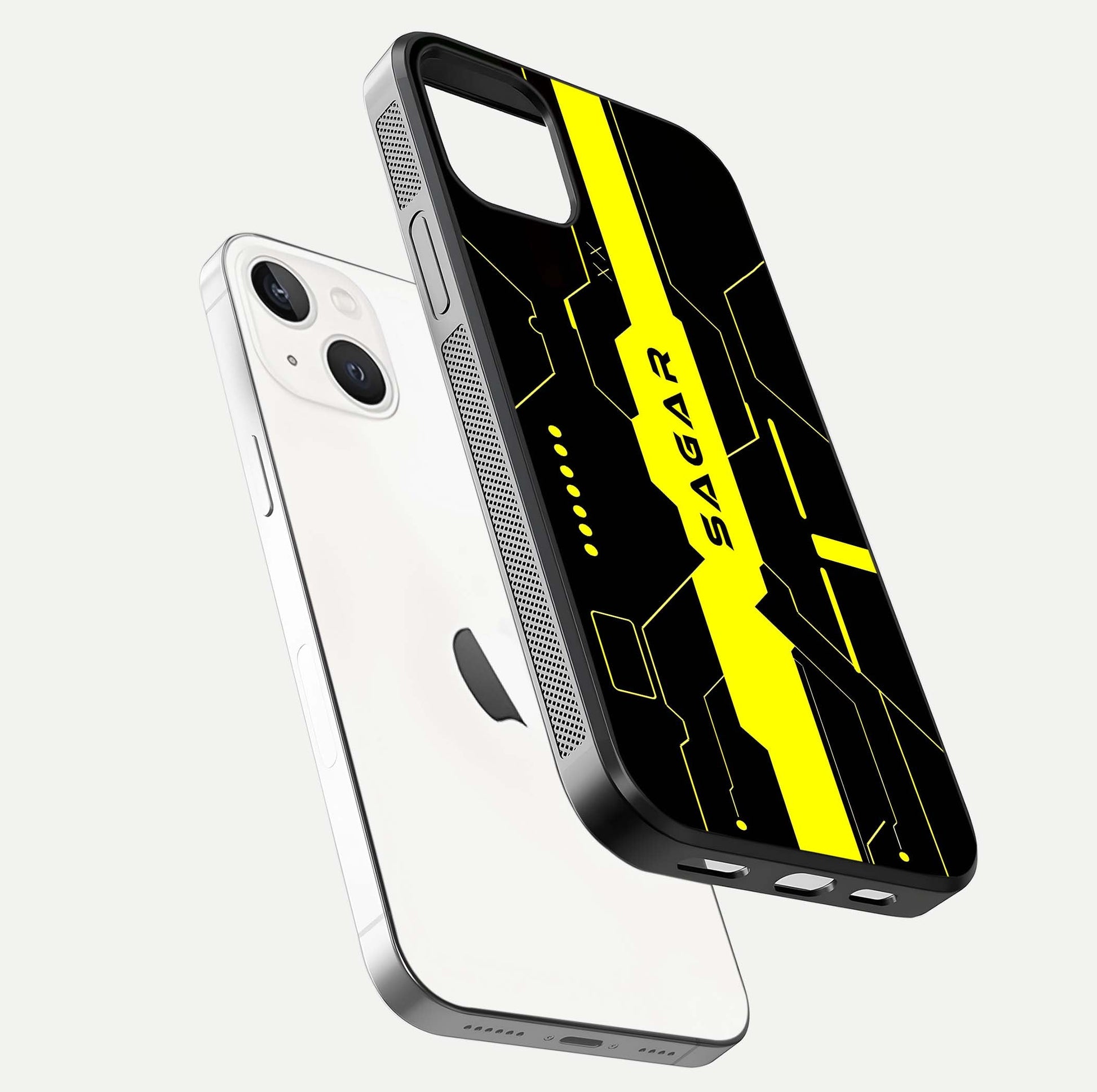 Neon CYBERPUNK Custom Name Glass Case for iPhone 14 floating dual-view mockup showing HD shine and neon lines