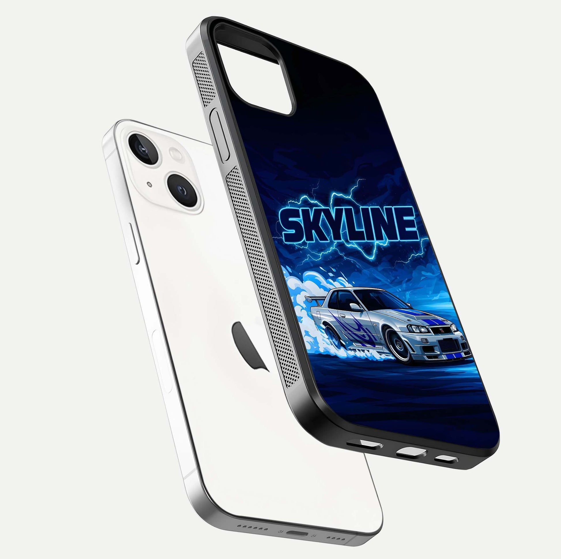 Neon Drift Beast Glass Case for iPhone 14 floating dual-view mockup showing gloss texture and motion glow
