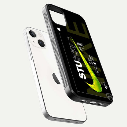 Neon Street Edition Glass Case for iPhone 14 floating dual-view mockup showing HD gloss and neon glow