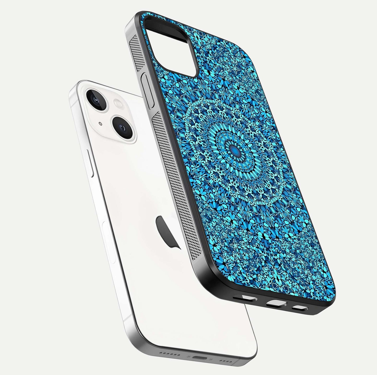 Ocean Bloom Mandala Glass Case for iPhone 14 floating dual-view mockup showing gloss texture and print depth