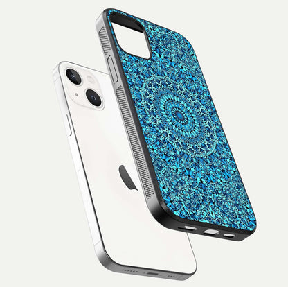Ocean Bloom Mandala Glass Case for iPhone 14 floating dual-view mockup showing gloss texture and print depth