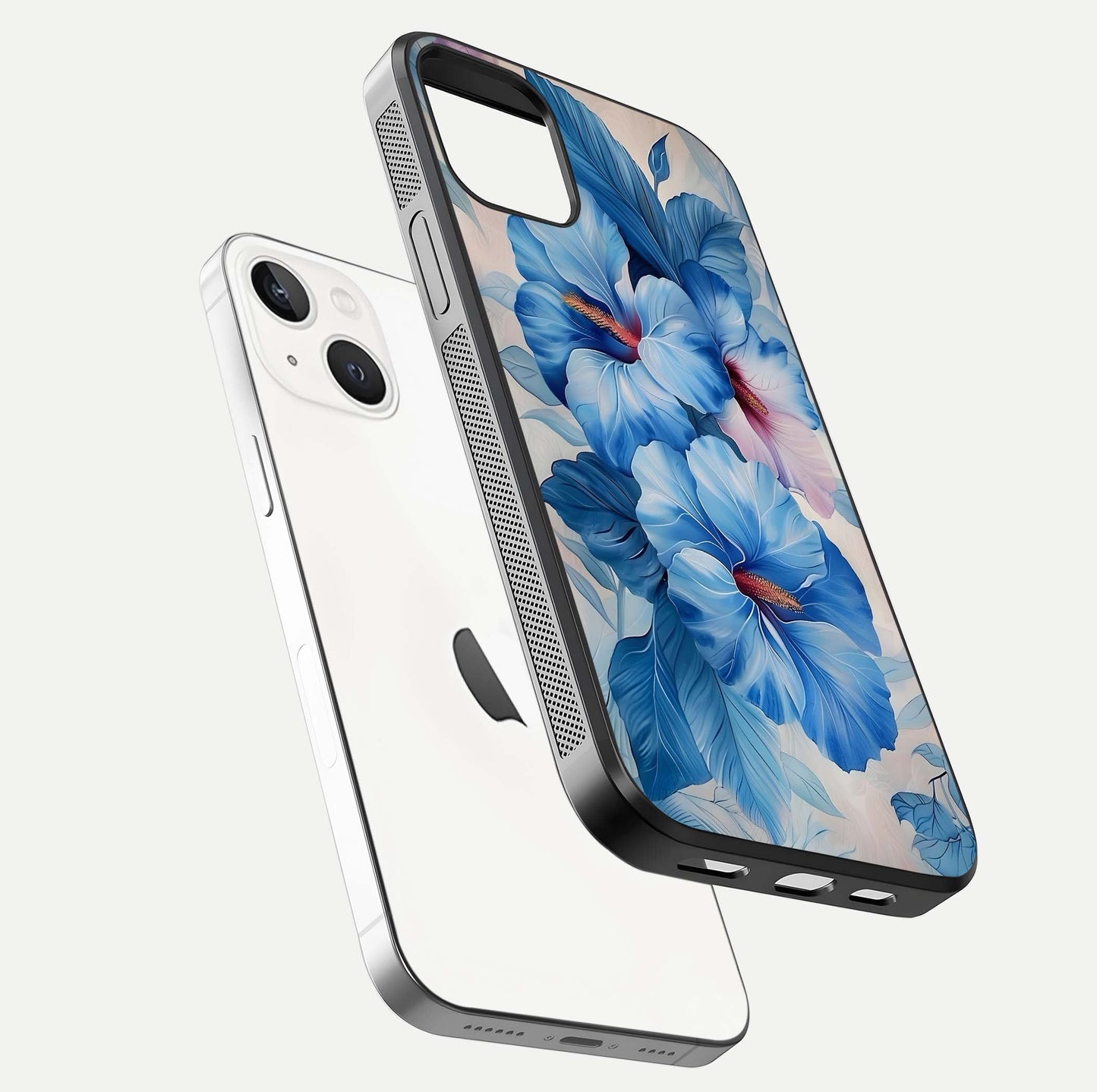 Ocean Hibiscus Grace Glass Case for iPhone 14 floating dual-view mockup showing gloss reflection and print clarity