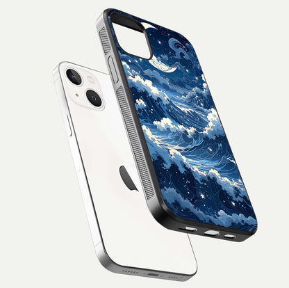 Ocean Moon Waves Glass Case for iPhone 14 floating dual-view mockup showing gloss texture and moon glow