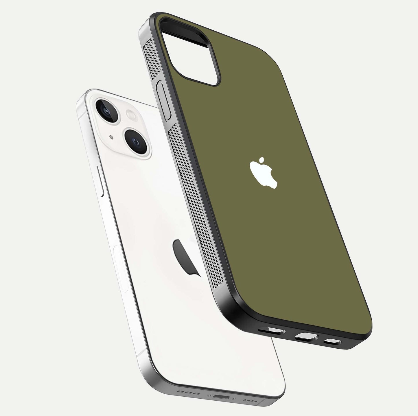 Olive Matte Essence Glass Case for iPhone 14 floating dual-view mockup showing matte gloss and depth