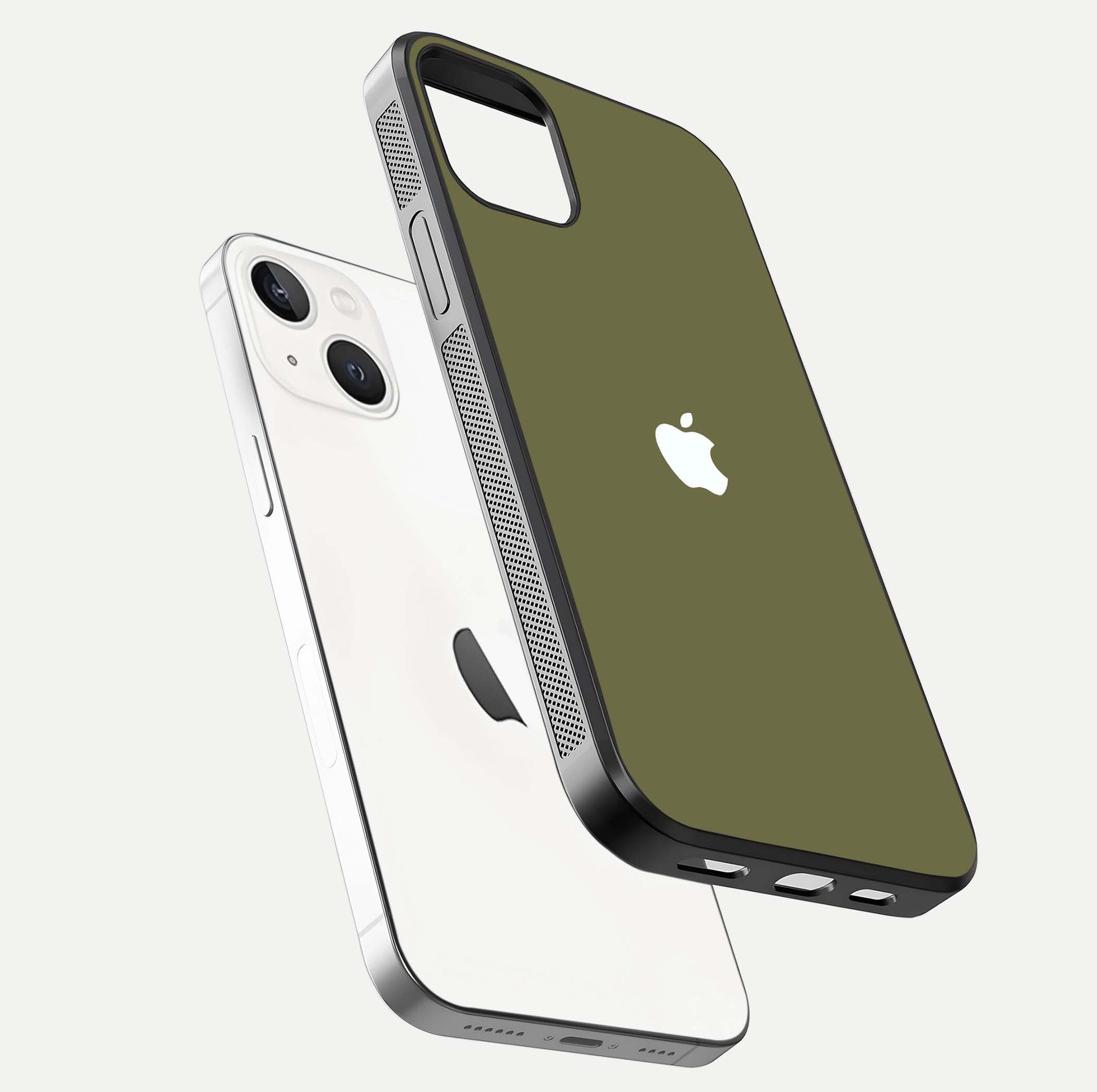 Olive Matte Essence Glass Case for iPhone 14 floating dual-view mockup showing matte gloss and depth