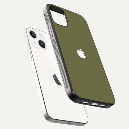 Olive Matte Essence Glass Case for iPhone 14 floating dual-view mockup showing matte gloss and depth