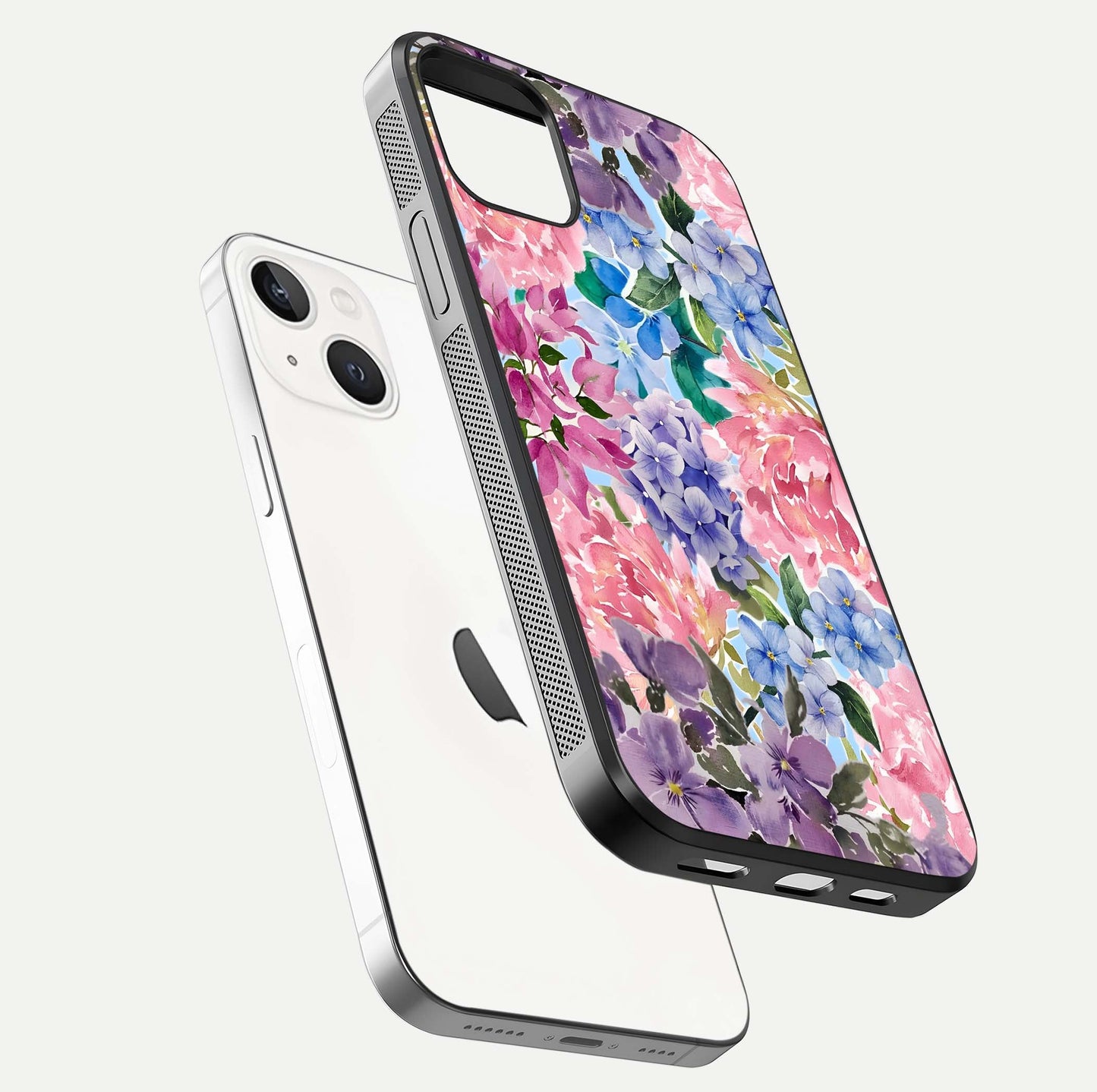 Pastel Floral Mix Glass Case for iPhone 14 floating dual-view mockup showing HD gloss and floral texture