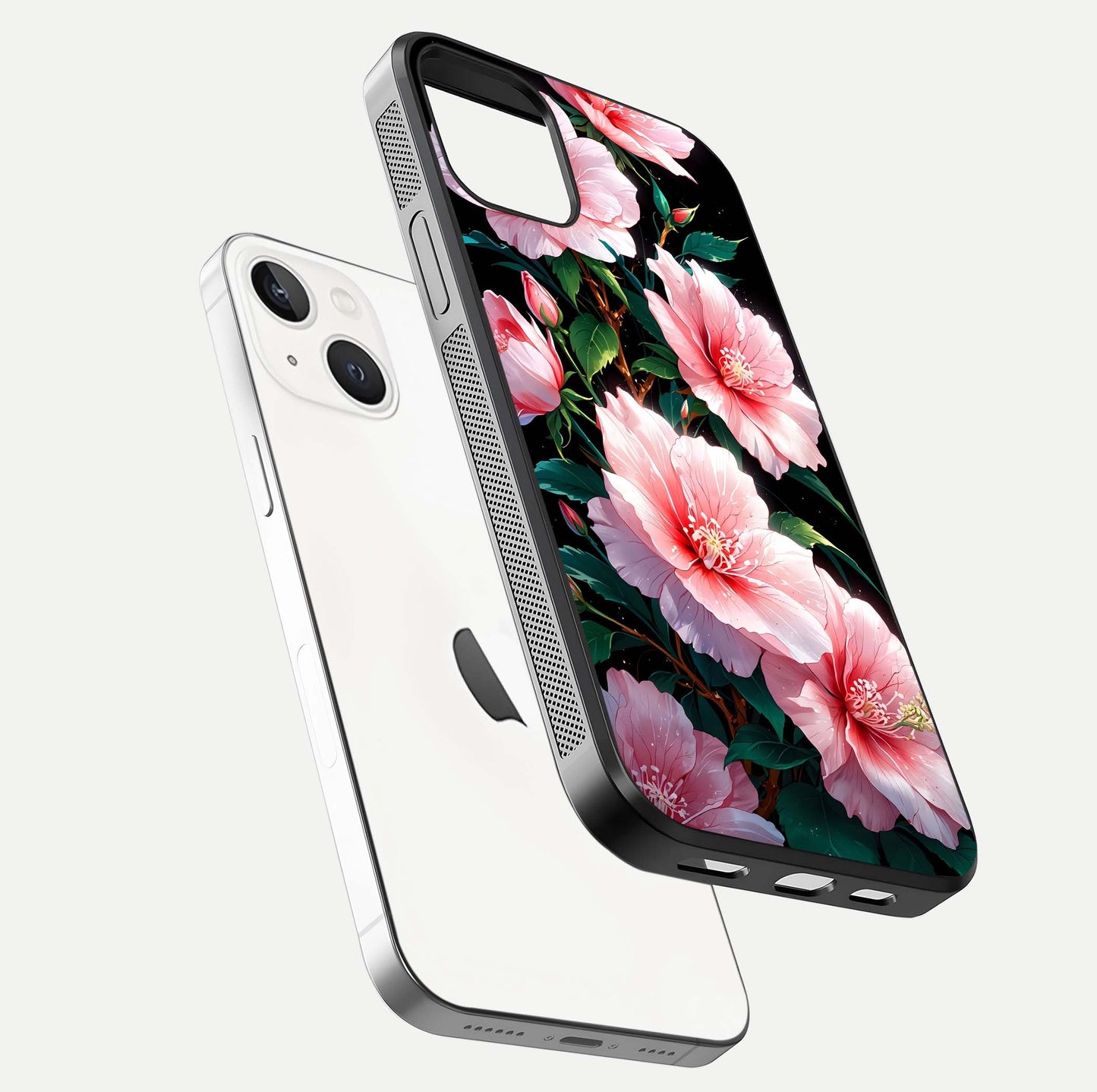 Peach Flower Glass Case for iPhone 14 floating dual-view mockup displaying shine and delicate flower art