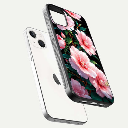 Peach Flower Glass Case for iPhone 14 floating dual-view mockup displaying shine and delicate flower art