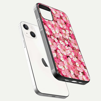 Pink Daisy Bliss Glass Case for iPhone 14 floating dual-view mockup displaying gloss shine and pastel tones