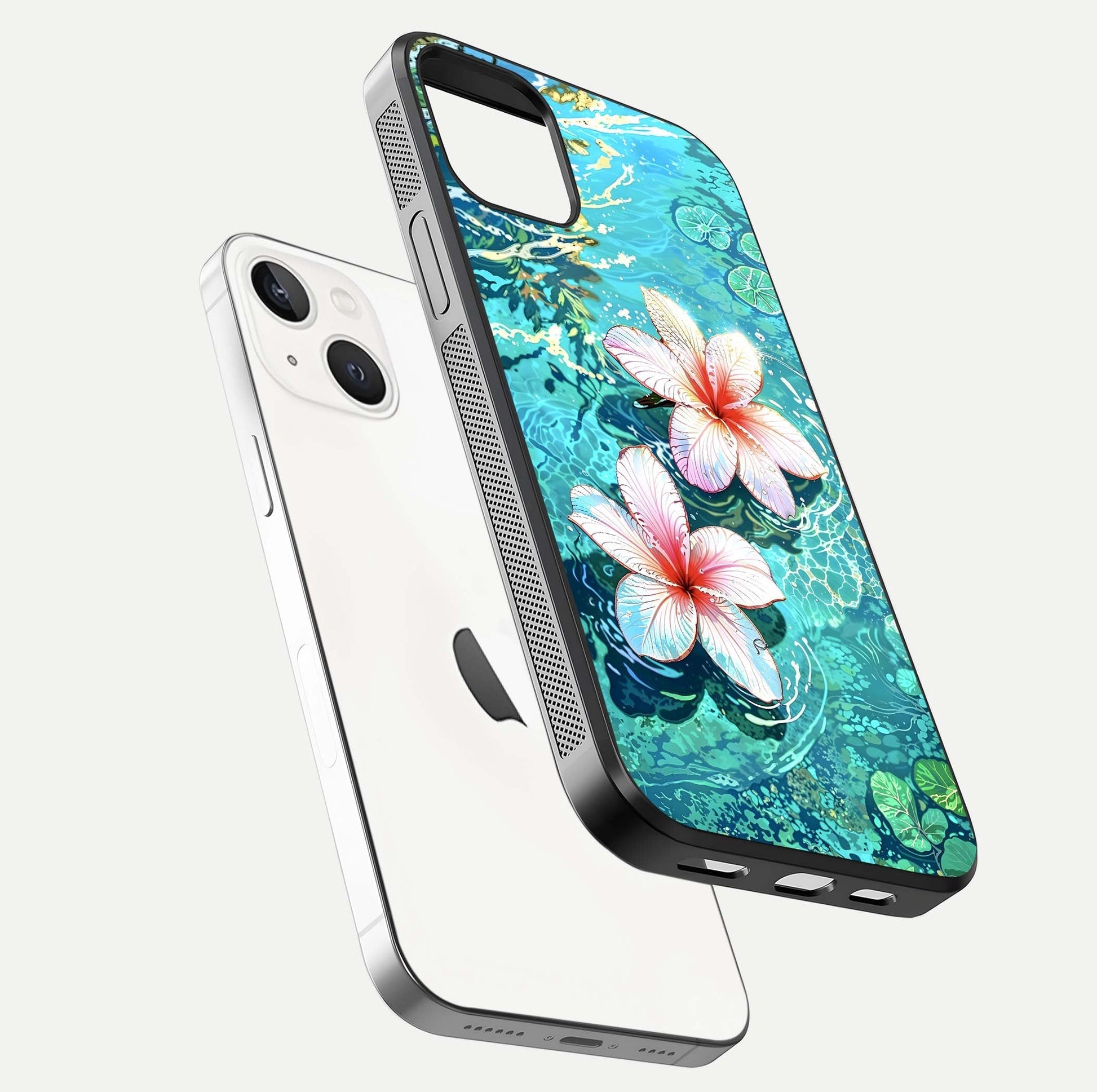 Pink Flowers in Water Glass Case for iPhone 14 floating dual-view mockup showing gloss and floral clarity