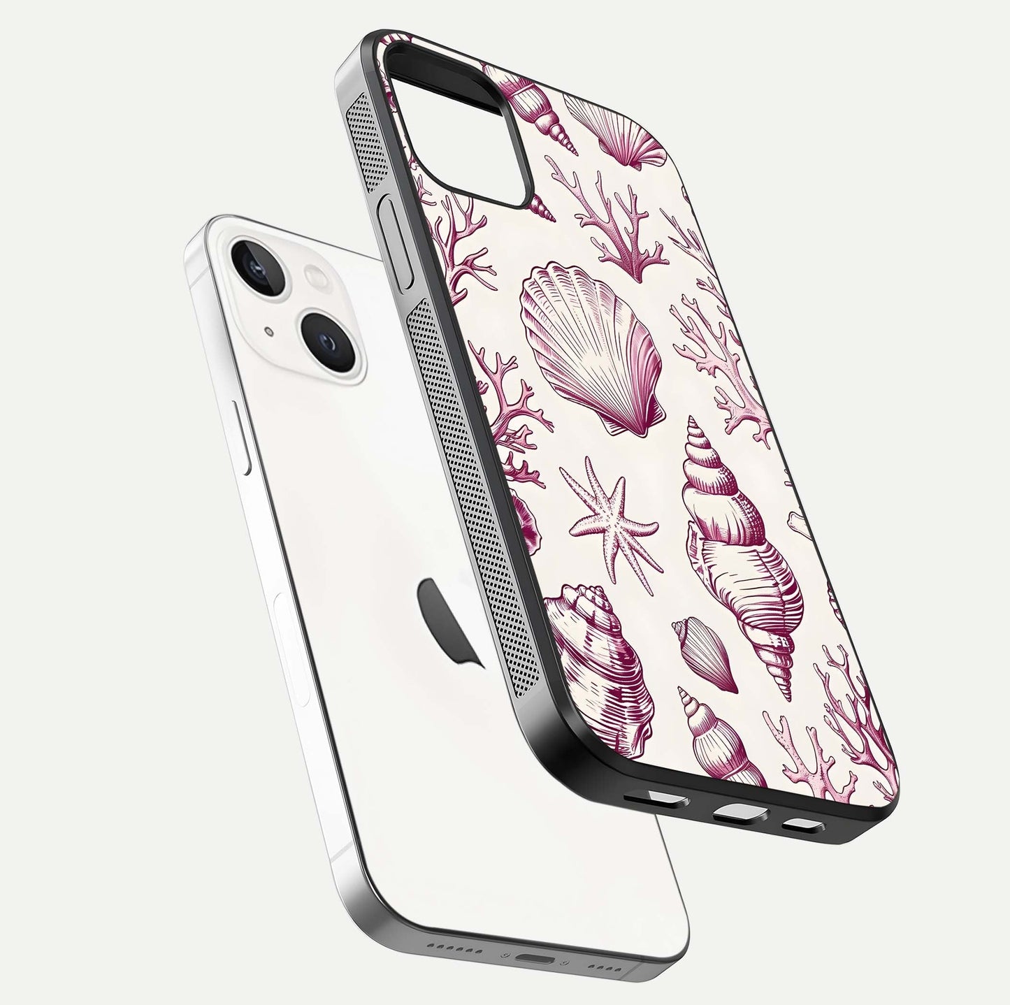 Pink Shells Outline Glass Case for iPhone 14 floating dual-view mockup displaying gloss and ocean vibe