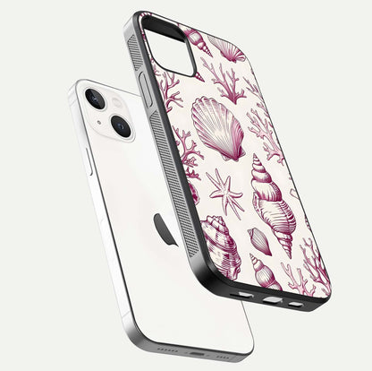 Pink Shells Outline Glass Case for iPhone 14 floating dual-view mockup displaying gloss and ocean vibe