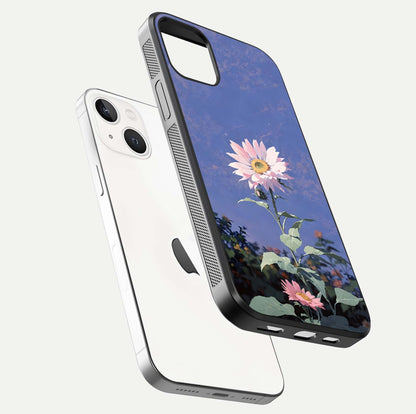Pink Sunflower Glow Glass Case for iPhone 14 floating dual-view mockup showing gloss reflection and design depth