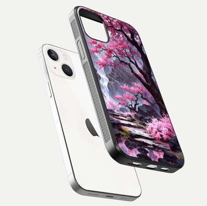 Pinkish Scenery Glass Case for iPhone 14 floating dual-view mockup displaying gloss shine and artistic tone