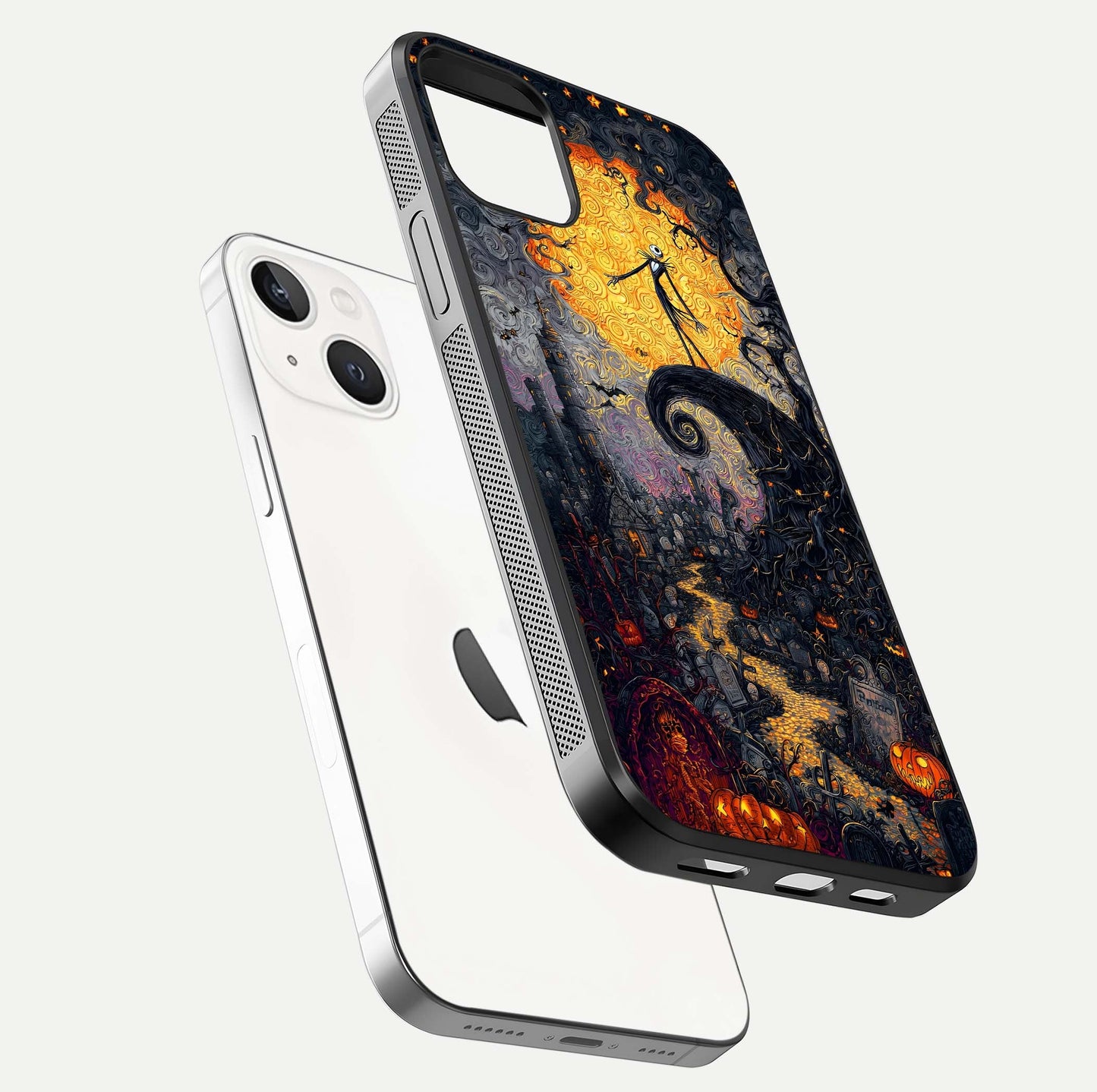 Pumpkin Moon Night Glass Case for iPhone 14 floating dual-view mockup showing HD gloss and spooky detail