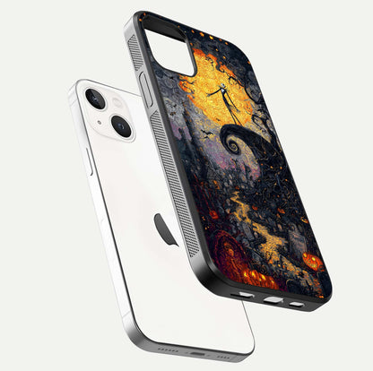 Pumpkin Moon Night Glass Case for iPhone 14 floating dual-view mockup showing HD gloss and spooky detail