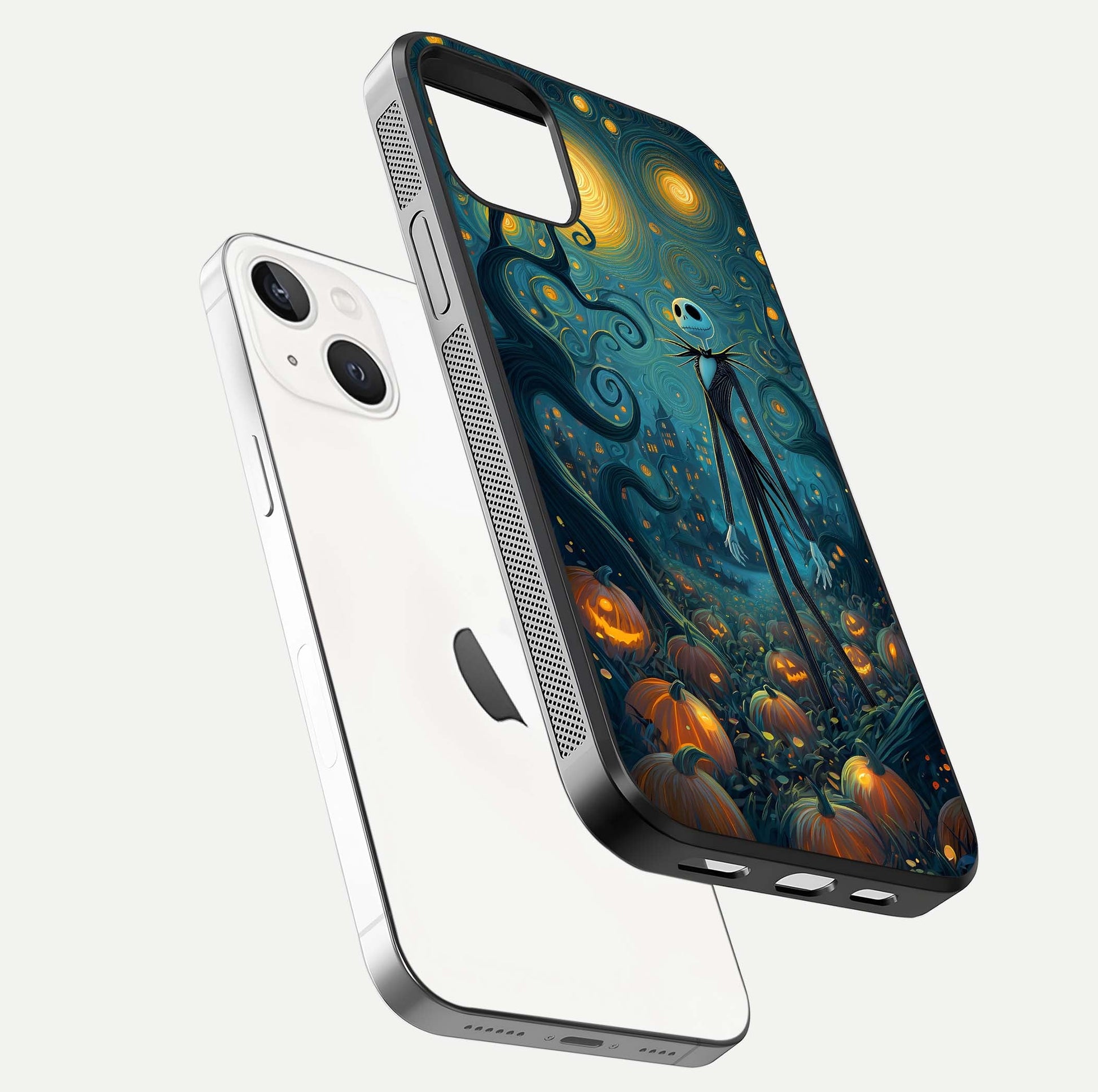 Pumpkin Moonlight Tale Glass Case for iPhone 14 floating dual-view mockup showing HD gloss and eerie design