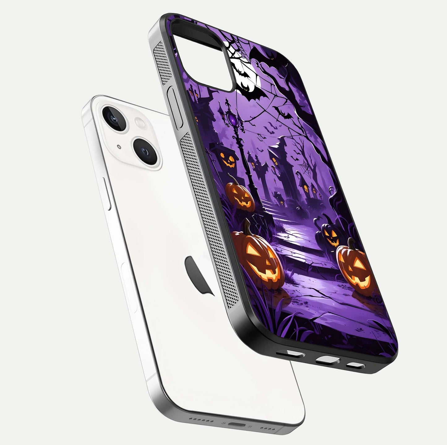 Pumpkin Patch Halloween Glass Case for iPhone 14 floating dual-view mockup displaying gloss and dark tone