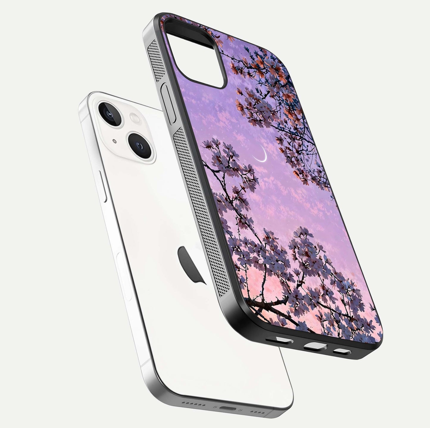 Purple Serenity Moon Glass Case for iPhone 14 floating dual-view mockup showing gloss and cosmic detail