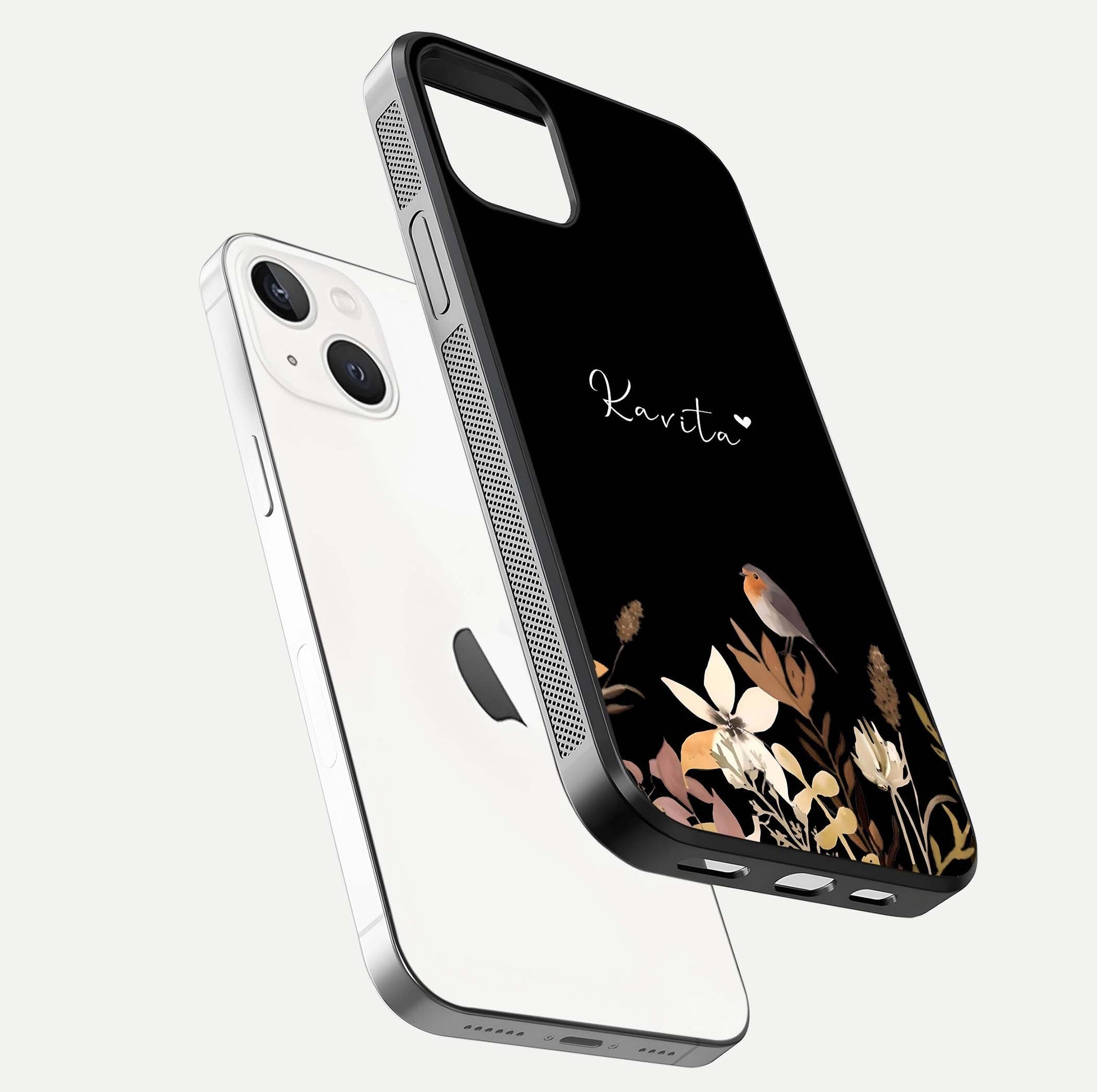 Quiet Garden Tune Custom Name Glass Case for iPhone 14 floating dual-view mockup showing gloss and elegant detail
