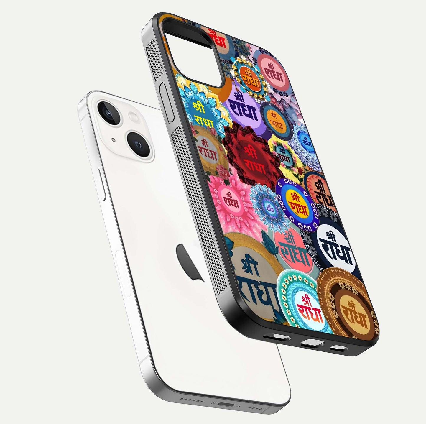 Radha Divine Bloom Glass Case for iPhone 14 floating dual-view mockup showing gloss depth and HD art