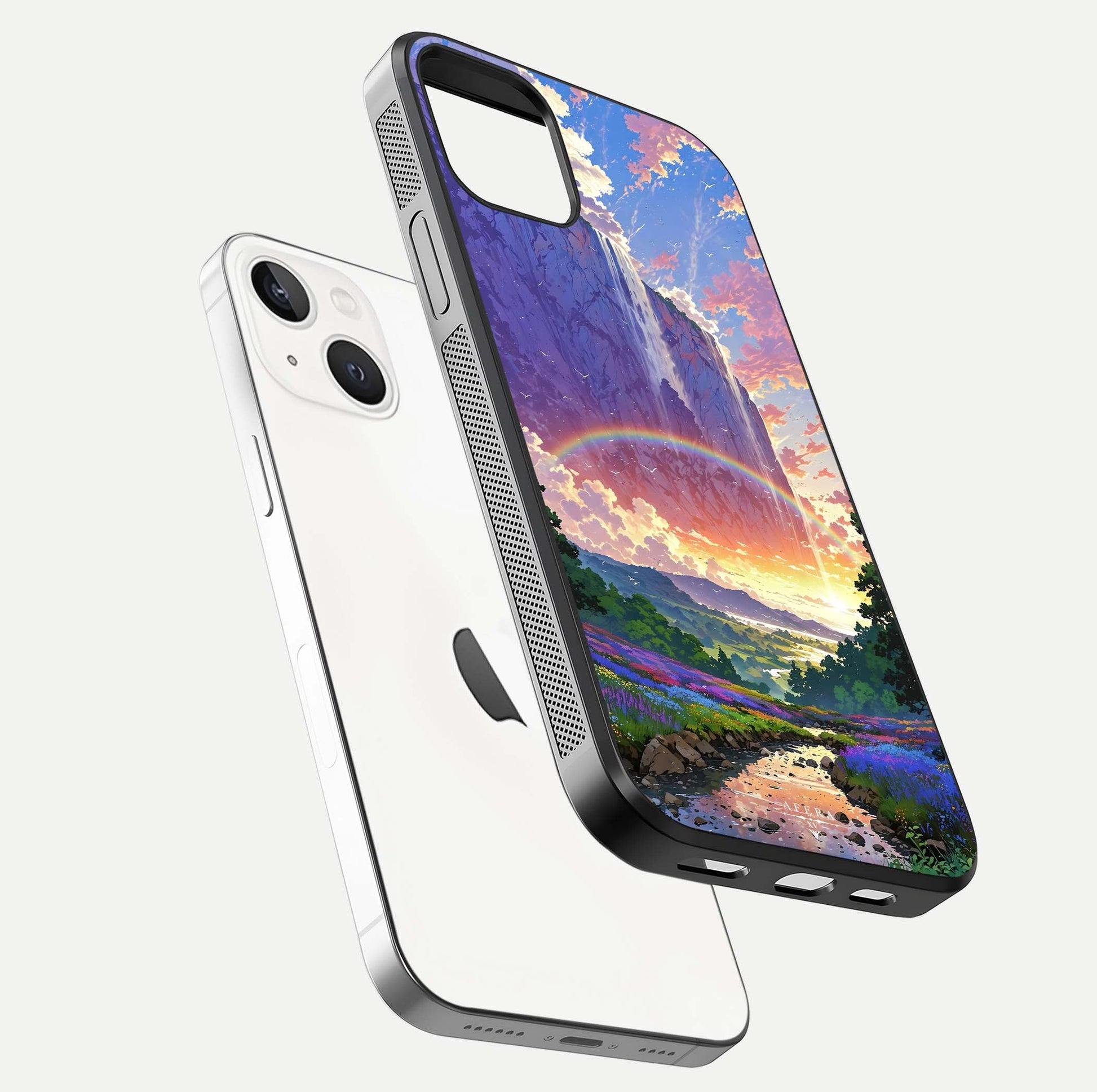 Rainbow Valley Dream Glass Case for iPhone 16 Pro floating dual-view mockup showing gloss texture and dream vibe