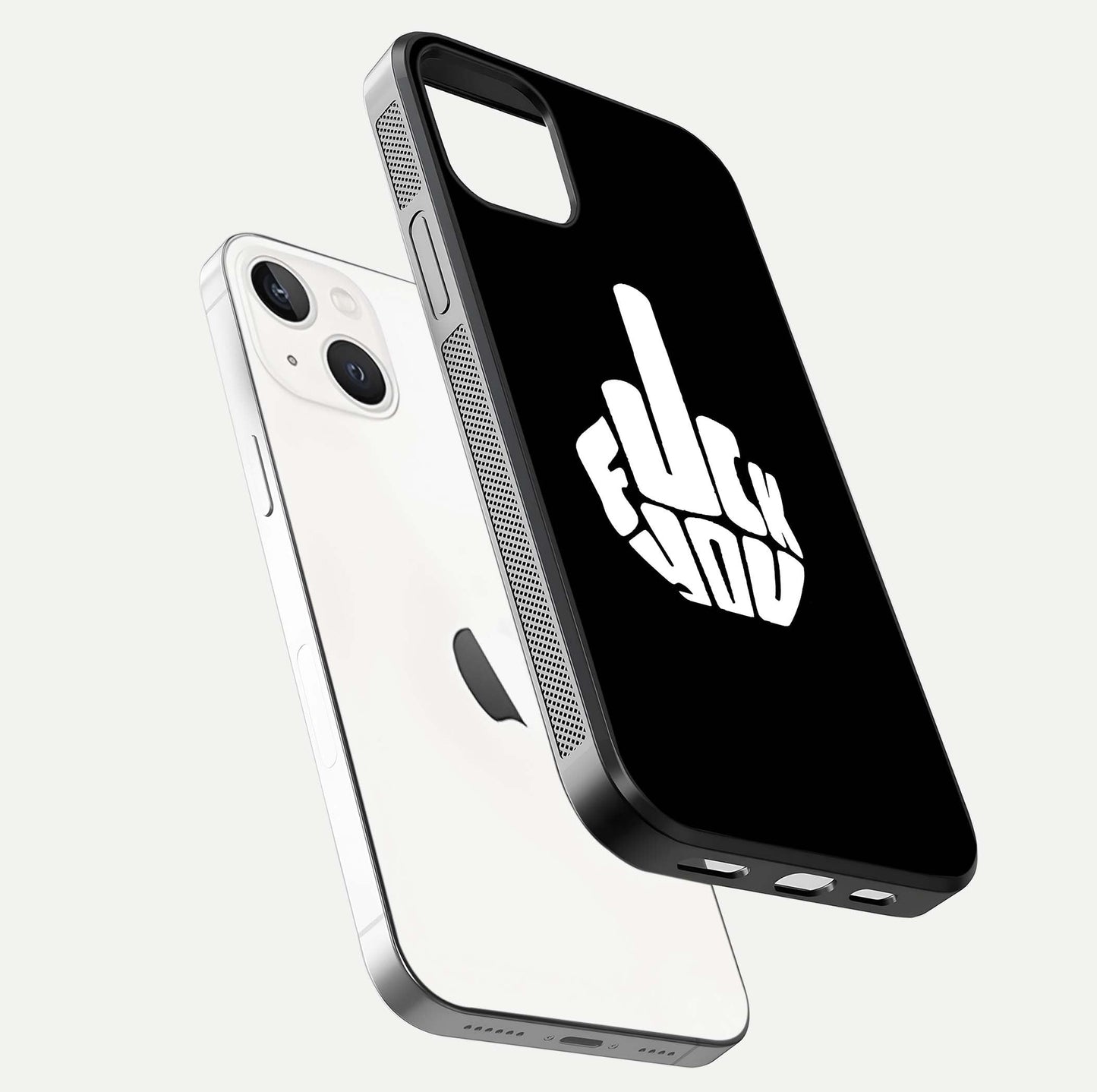 Rebel Mode On Glass Case for iPhone 14 floating dual-view mockup displaying gloss shine and statement art