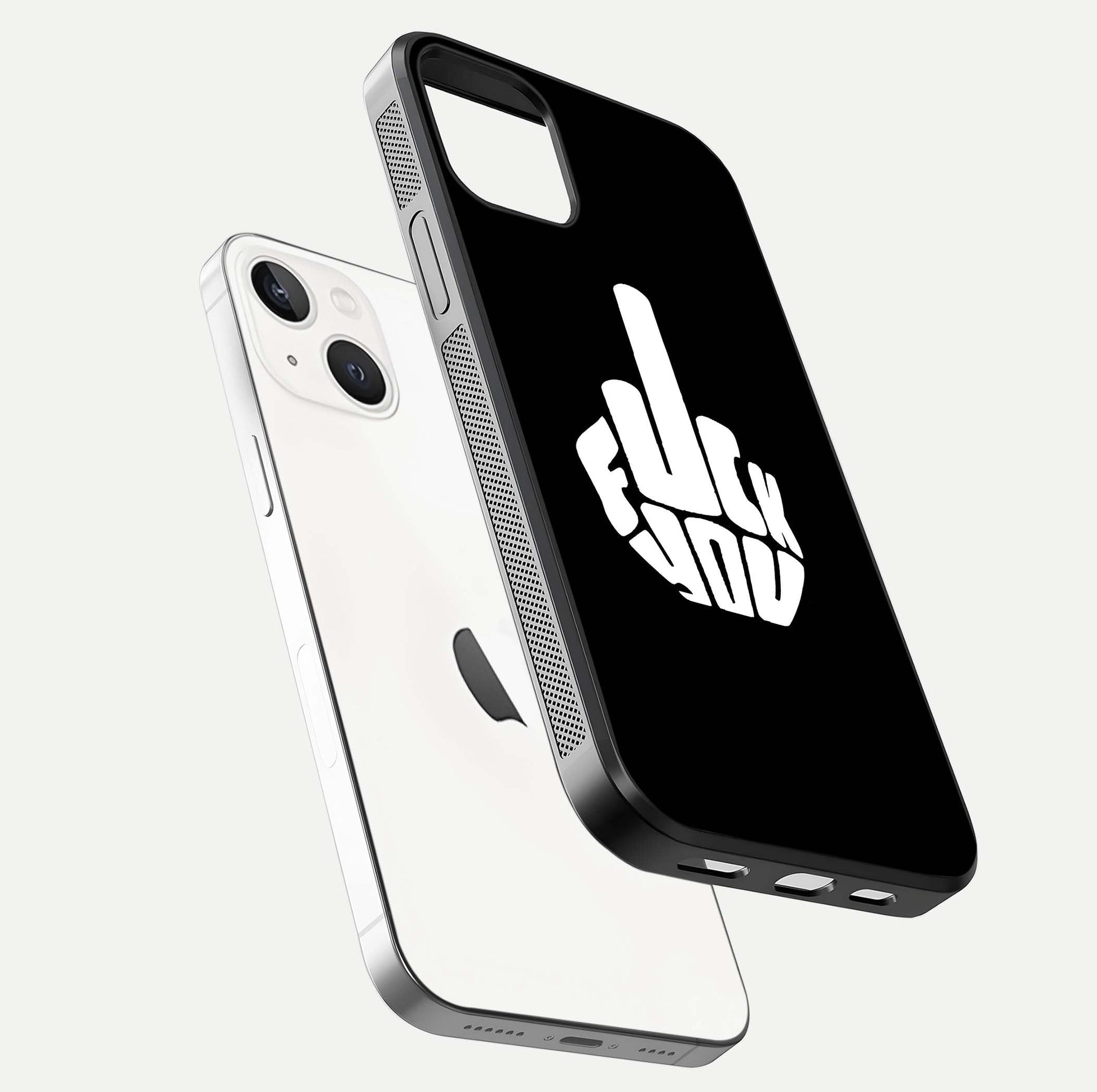Rebel Mode On Glass Case for iPhone 14 floating dual-view mockup displaying gloss shine and statement art