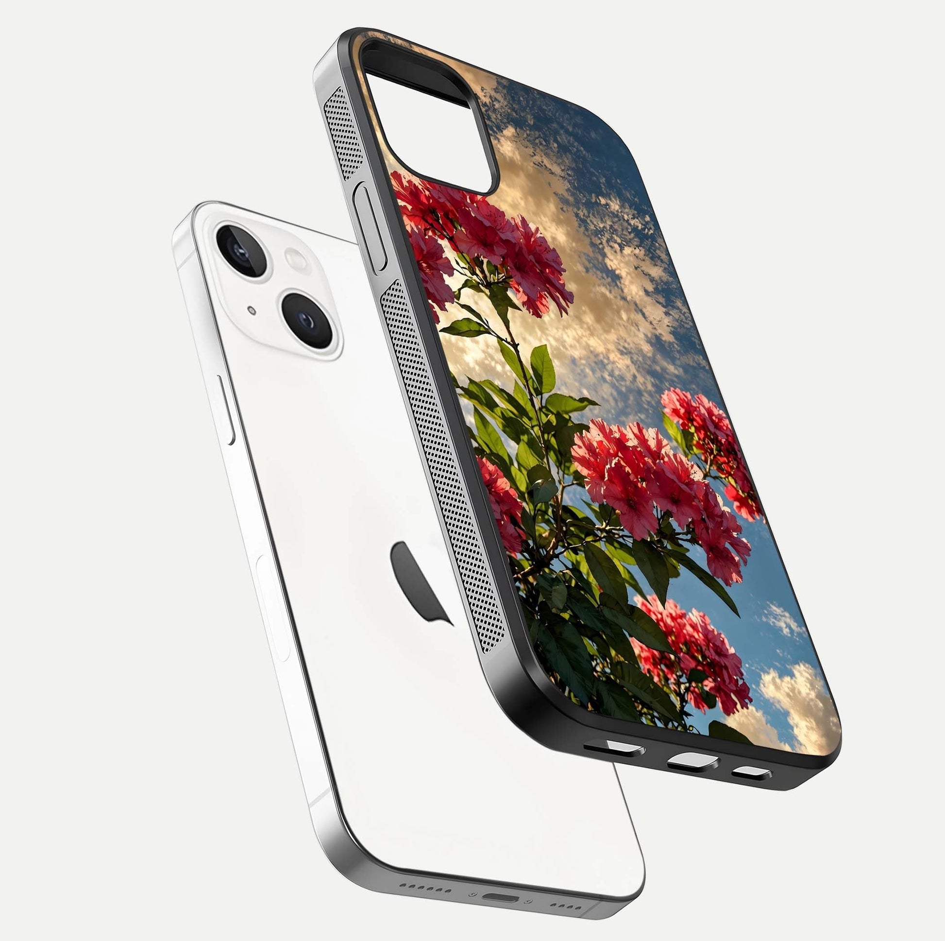 Red Bloom Skies Glass Case for iPhone 14 floating dual-view mockup showing glass gloss and floral pattern