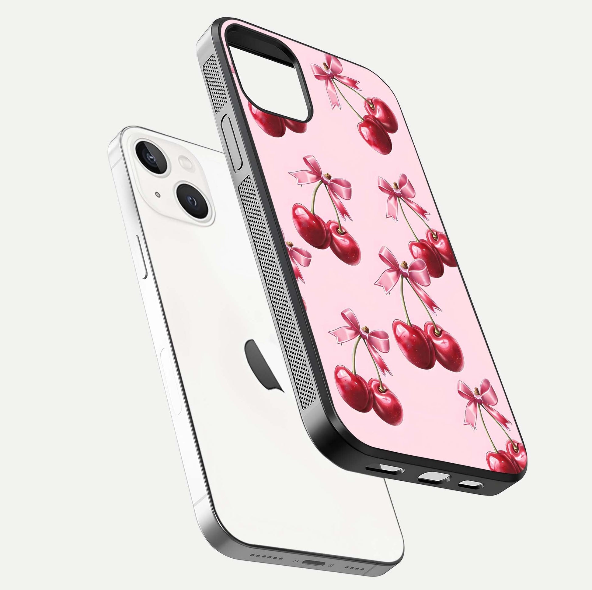 Red Cherries Pattern Glass Case for iPhone 14 floating dual-view mockup showing gloss and color contrast