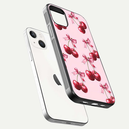Red Cherries Pattern Glass Case for iPhone 14 floating dual-view mockup showing gloss and color contrast