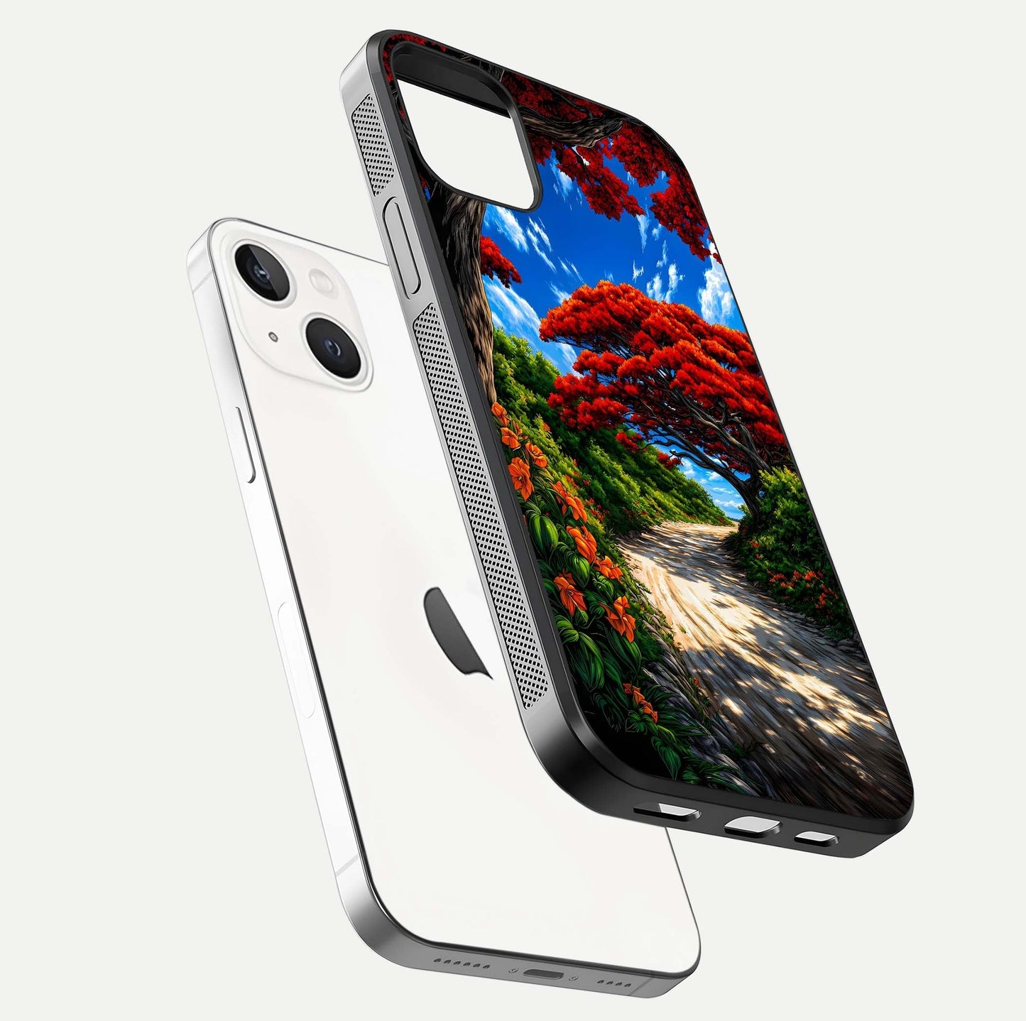 Red Trees Pathway Glass Case for iPhone 14 floating dual-view mockup displaying gloss texture and print depth