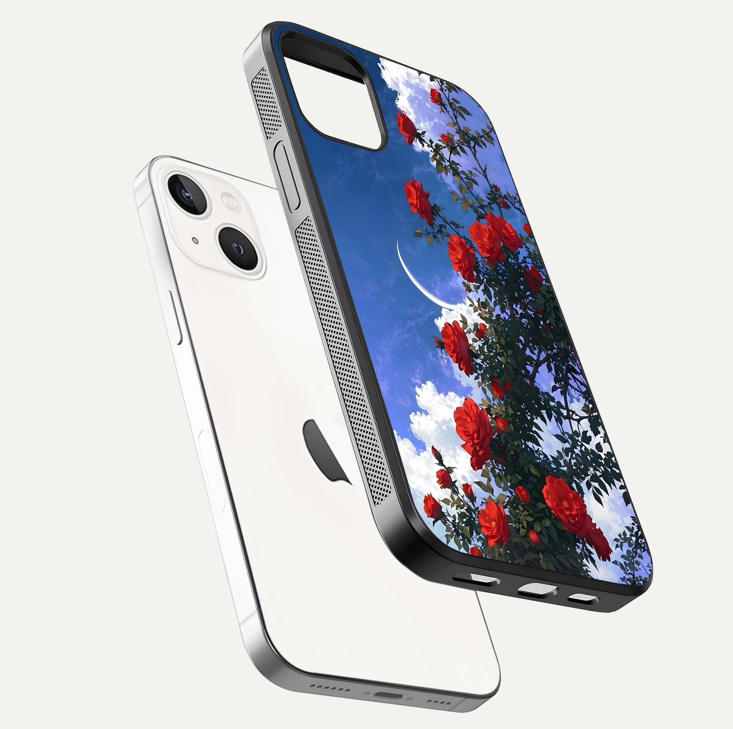 Rose Drift Flowers Glass Case for iPhone 14 floating dual-view mockup showing gloss shine and floral tone