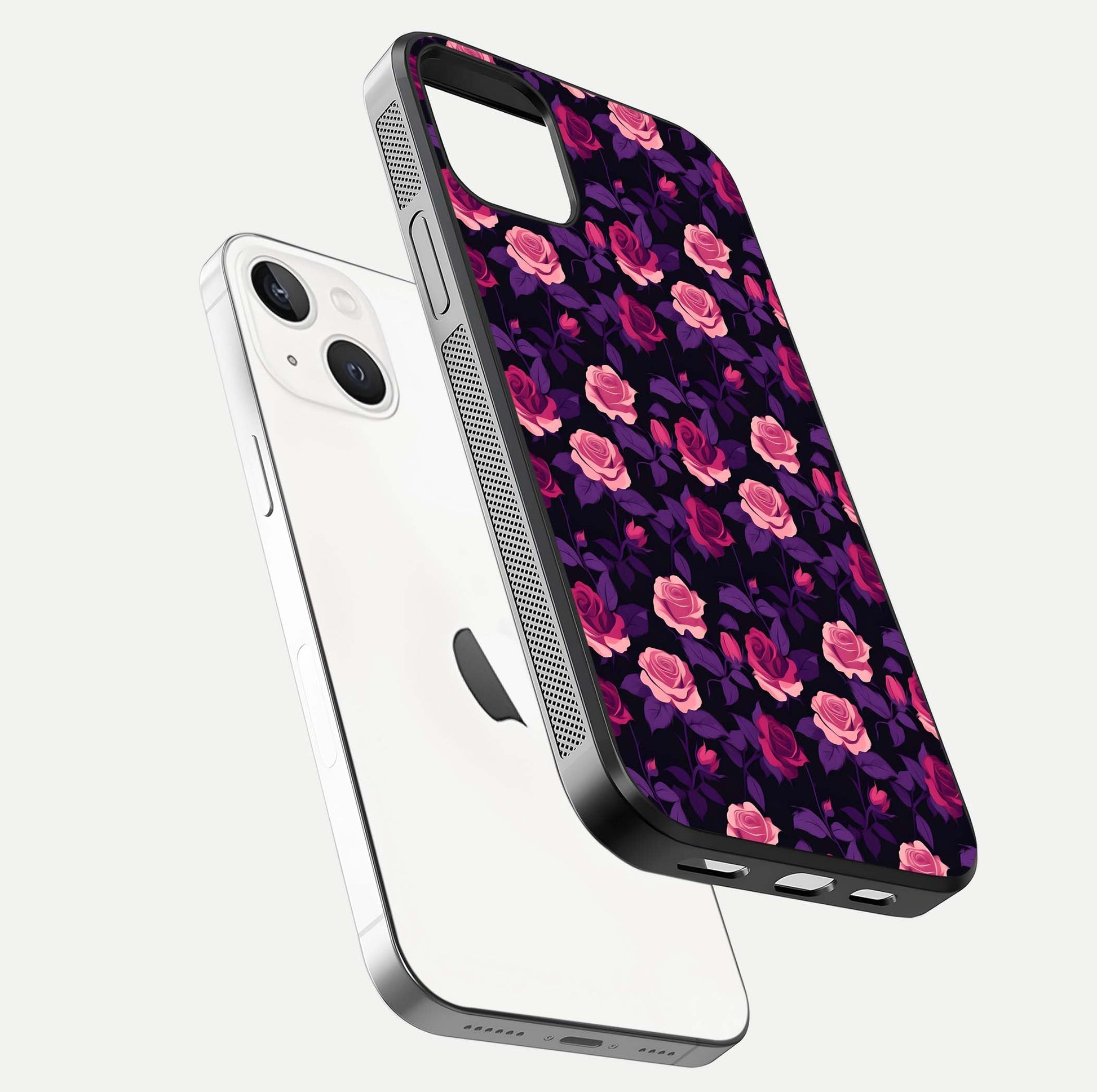 Rose Garden Twilight Glass Case for iPhone 14 floating dual-view mockup displaying gloss surface and depth