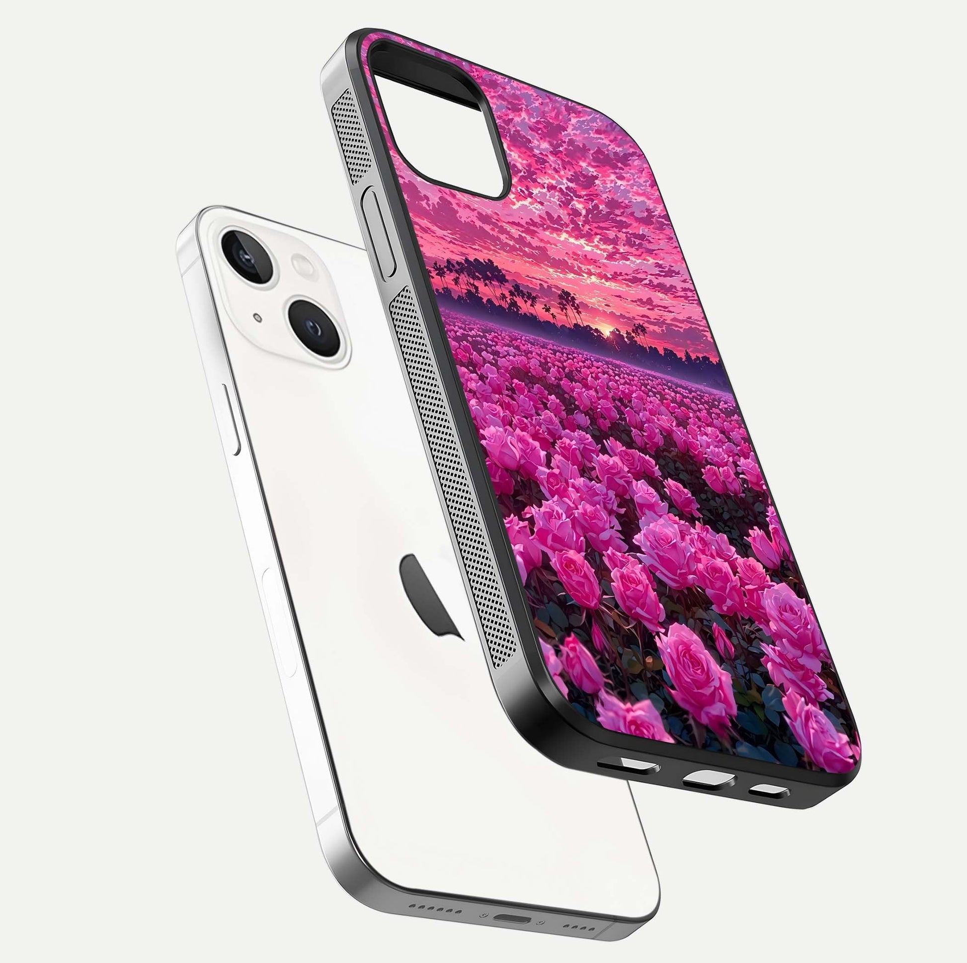 Rose Sunset Valley Glass Case for iPhone 14 floating dual-view mockup showing gloss reflection and art depth