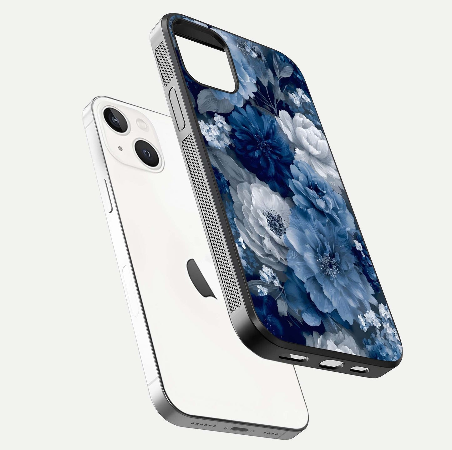 Royal Bloom Garden Glass Case for iPhone 14 floating dual-view mockup displaying gloss and print clarity