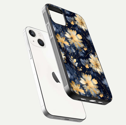Royal Petal Dream Glass Case for iPhone 14 floating dual-view mockup displaying gloss reflection and tone contrast
