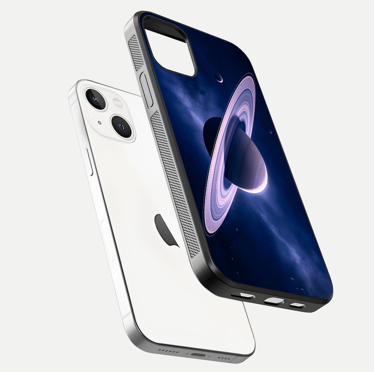 Saturn Ring Mystique Glass Case for iPhone 14 floating dual-view mockup showing gloss finish and star detail