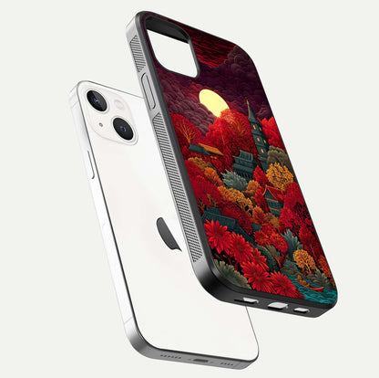 Scarlet Autumn Temple Glass Case for iPhone 14 floating dual-view mockup displaying gloss shine and autumn tones