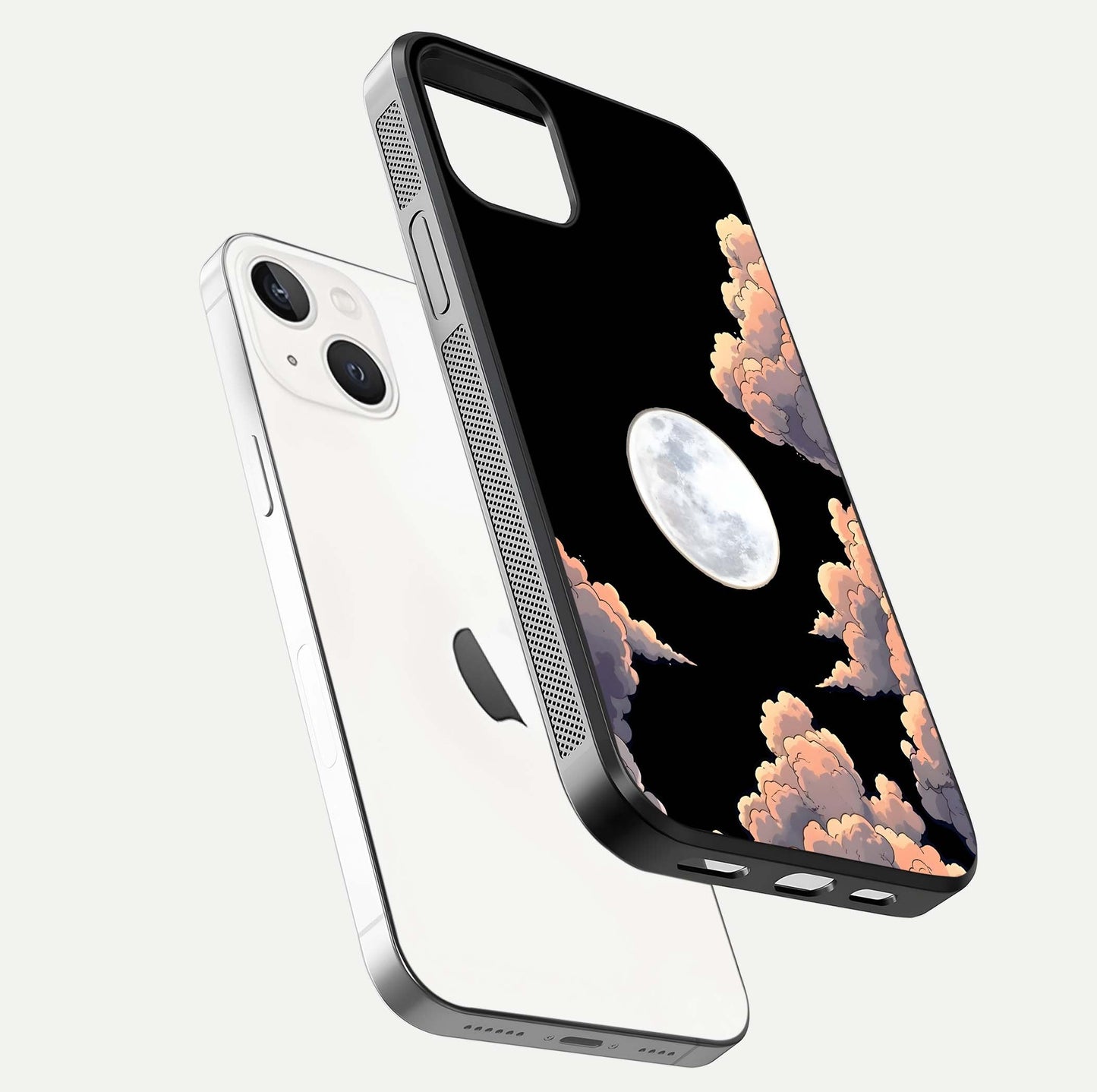 Shade Cloud Moon Glass Case for iPhone 14 floating dual-view mockup showing gloss and celestial texture