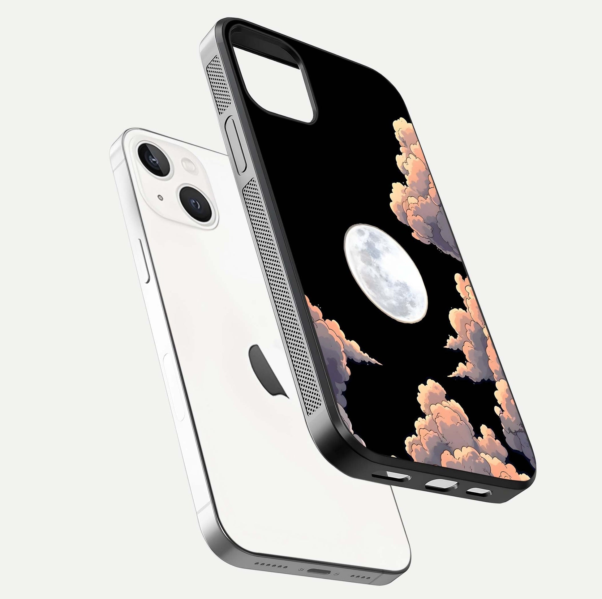 Shade Cloud Moon Glass Case for iPhone 14 floating dual-view mockup showing gloss and celestial texture
