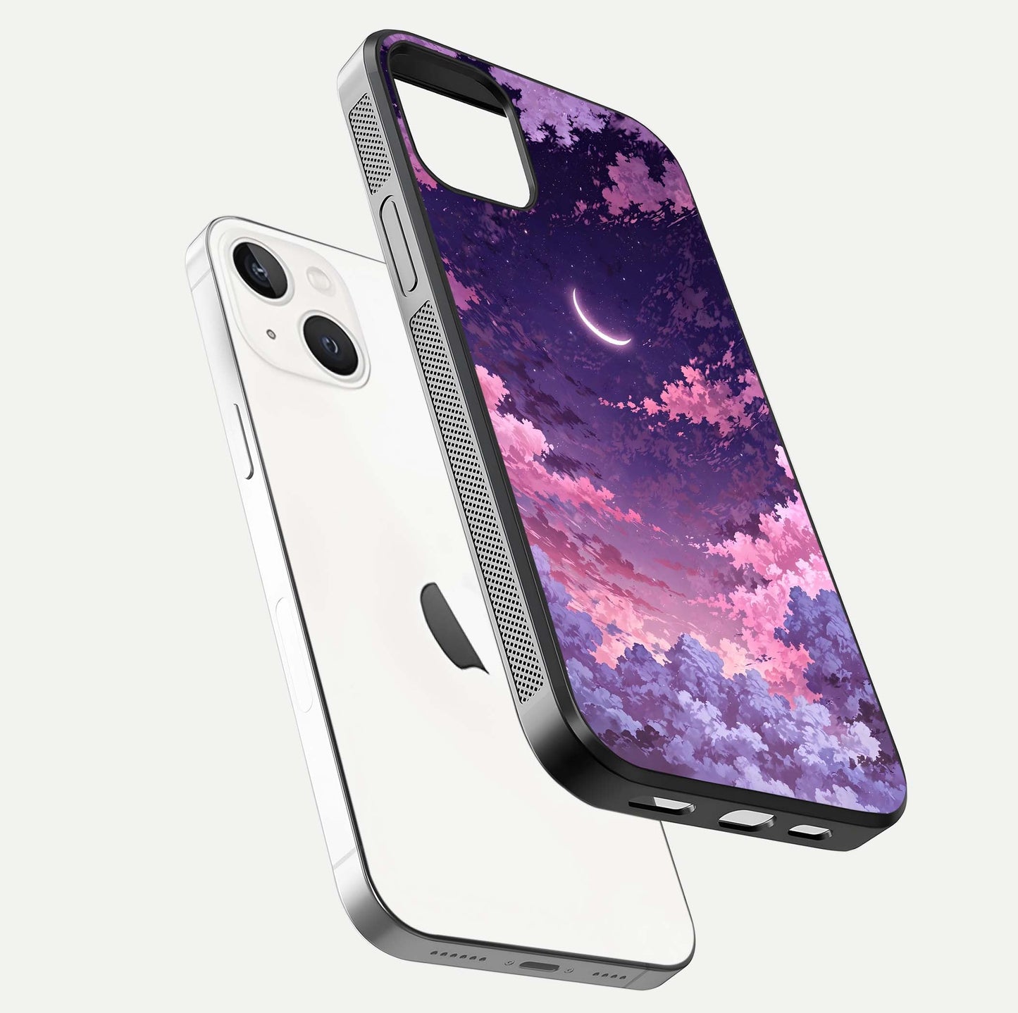 Sky Drift Clouds Glass Case for iPhone 14 floating dual-view mockup displaying gloss shine and depth